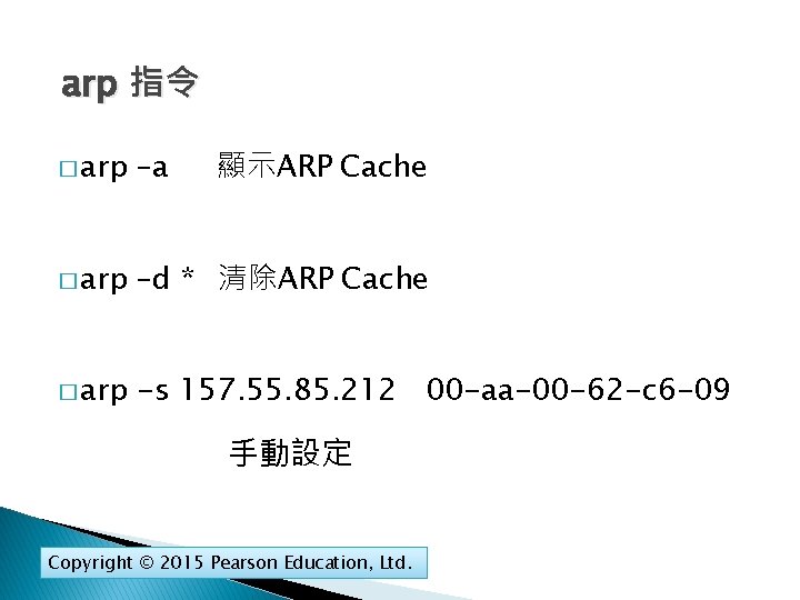 arp 指令 � arp –a 顯示ARP Cache � arp –d * 清除ARP Cache �