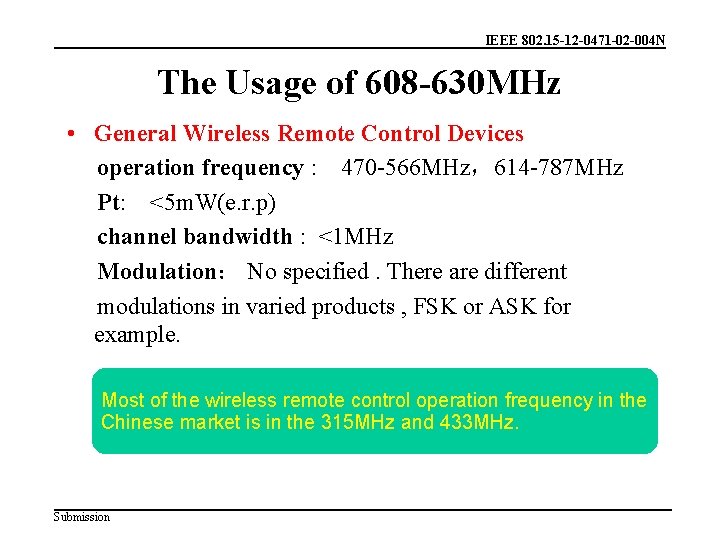 IEEE 802. 15 -12 -0471 -02 -004 N The Usage of 608 -630 MHz