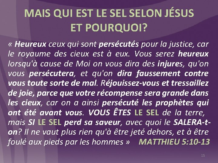 MAIS QUI EST LE SELON JÉSUS ET POURQUOI? « Heureux ceux qui sont persécutés