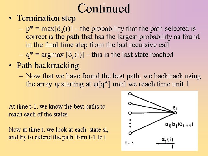  • Termination step Continued – p* = max[dn(i)] – the probability that the