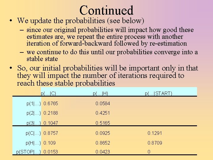 Continued • We update the probabilities (see below) – since our original probabilities will