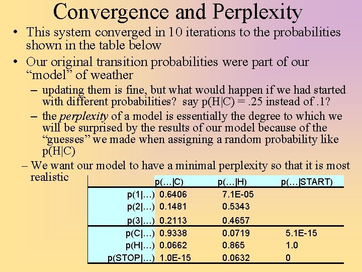 Convergence and Perplexity • This system converged in 10 iterations to the probabilities shown