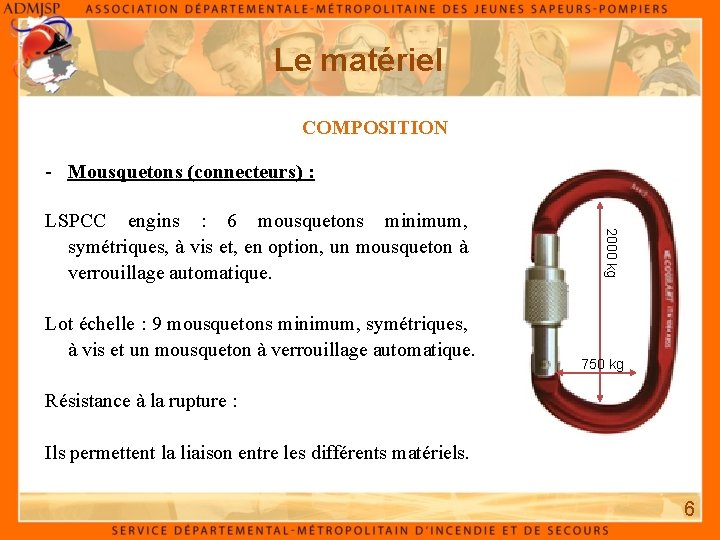 Le matériel COMPOSITION - Mousquetons (connecteurs) : Lot échelle : 9 mousquetons minimum, symétriques,