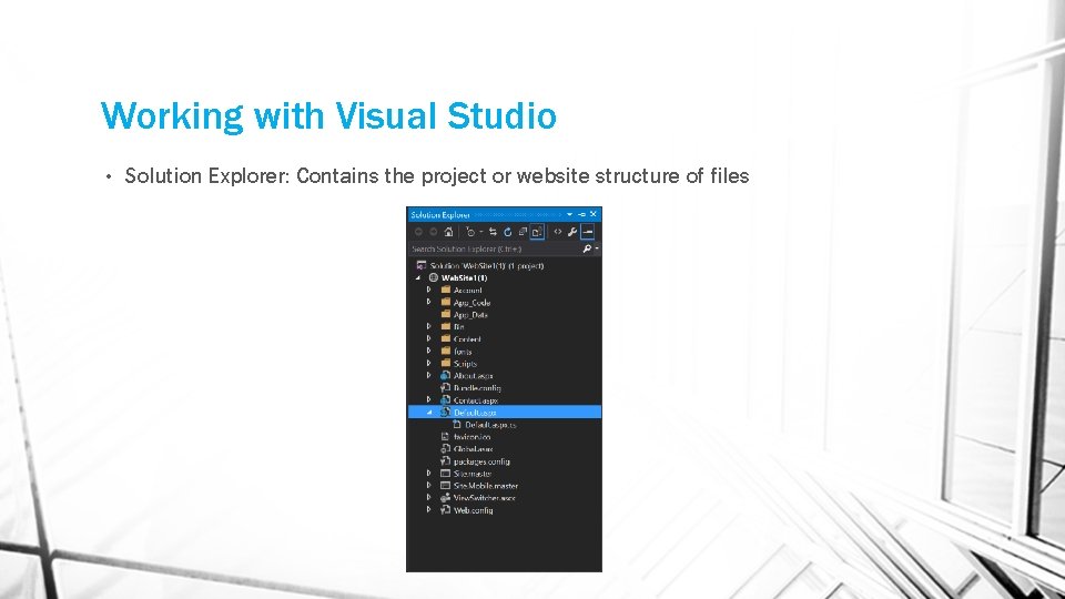 Working with Visual Studio • Solution Explorer: Contains the project or website structure of