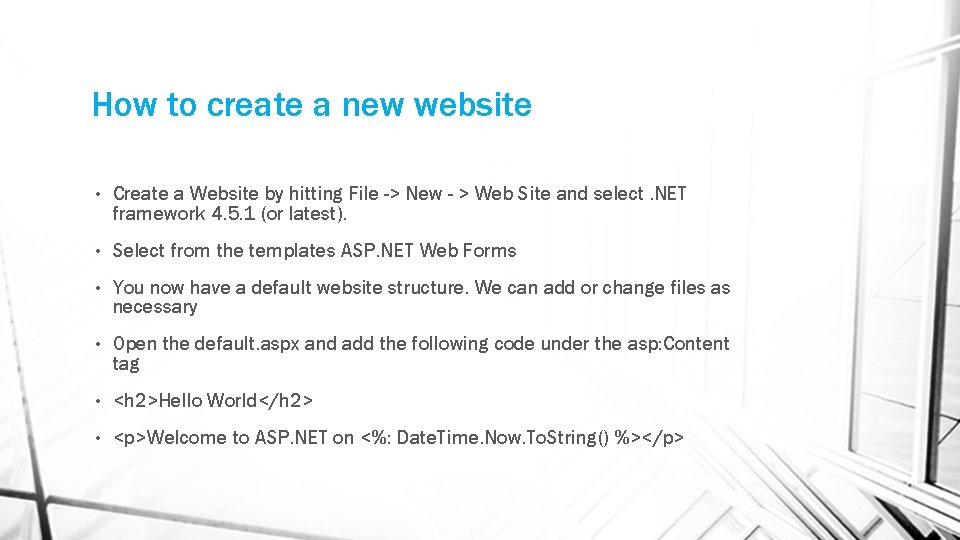 How to create a new website • Create a Website by hitting File ->