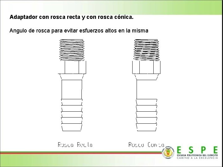 Adaptador con rosca recta y con rosca cónica. Angulo de rosca para evitar esfuerzos