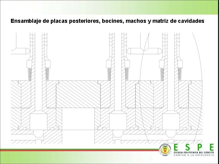 Ensamblaje de placas posteriores, bocines, machos y matriz de cavidades 