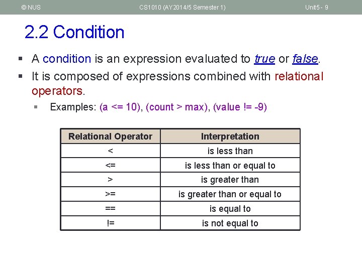 © NUS CS 1010 (AY 2014/5 Semester 1) Unit 5 - 9 2. 2