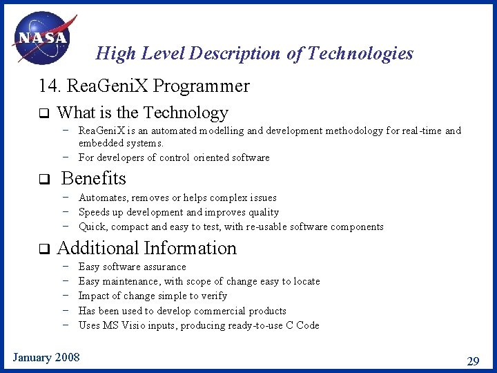 High Level Description of Technologies 14. Rea. Geni. X Programmer q What is the