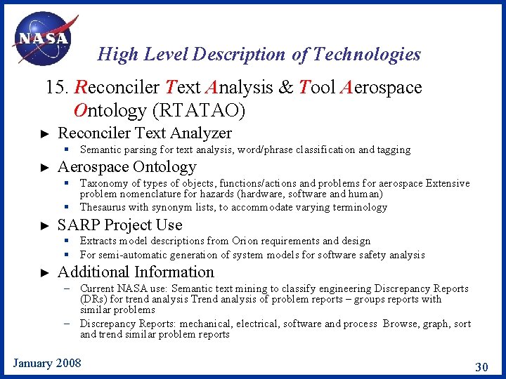 High Level Description of Technologies 15. Reconciler Text Analysis & Tool Aerospace Ontology (RTATAO)