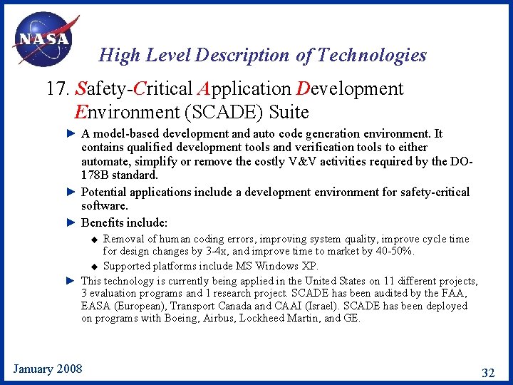 High Level Description of Technologies 17. Safety-Critical Application Development Environment (SCADE) Suite ► A