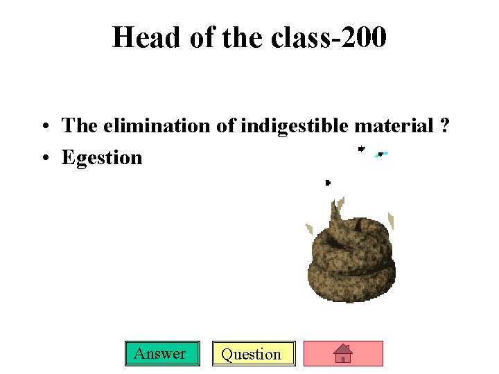 Head of the class-200 • The elimination of indigestible material ? • Egestion Answer