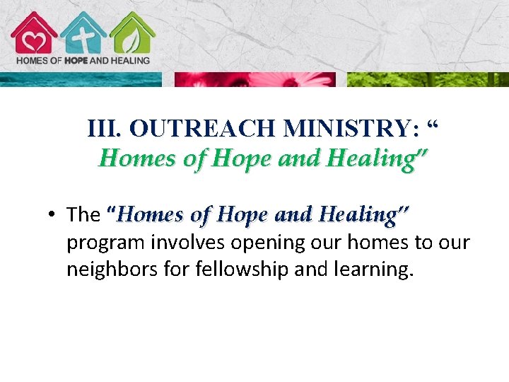 III. OUTREACH MINISTRY: “ Homes of Hope and Healing” • The “Homes of Hope