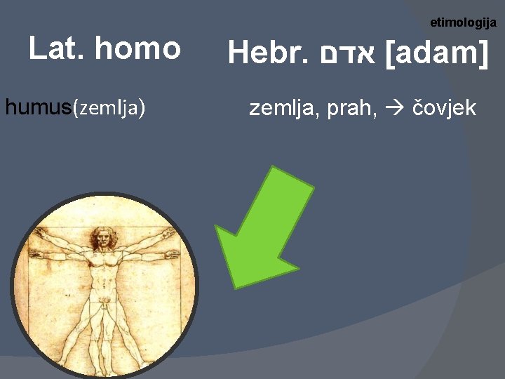 etimologija Lat. homo humus(zemlja) Hebr. [ אדם adam] zemlja, prah, čovjek 