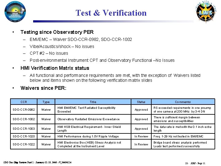 Test & Verification • Testing since Observatory PER – EMI/EMC – Waiver SDO-CCR-0982, SDO-CCR-1002