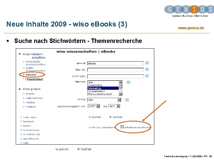 Neue Inhalte 2009 - wiso e. Books (3) www. genios. de § Suche nach