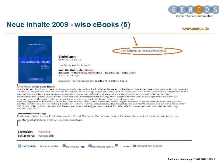 Neue Inhalte 2009 - wiso e. Books (5) www. genios. de Fachreferententagung / 11.