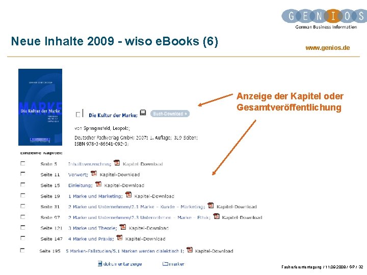 Neue Inhalte 2009 - wiso e. Books (6) www. genios. de Anzeige der Kapitel