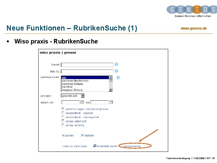 Neue Funktionen – Rubriken. Suche (1) www. genios. de § Wiso praxis - Rubriken.