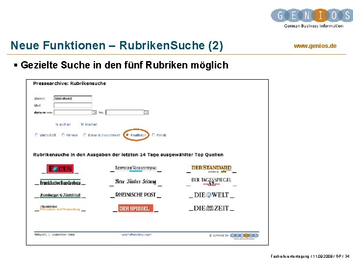 Neue Funktionen – Rubriken. Suche (2) www. genios. de § Gezielte Suche in den