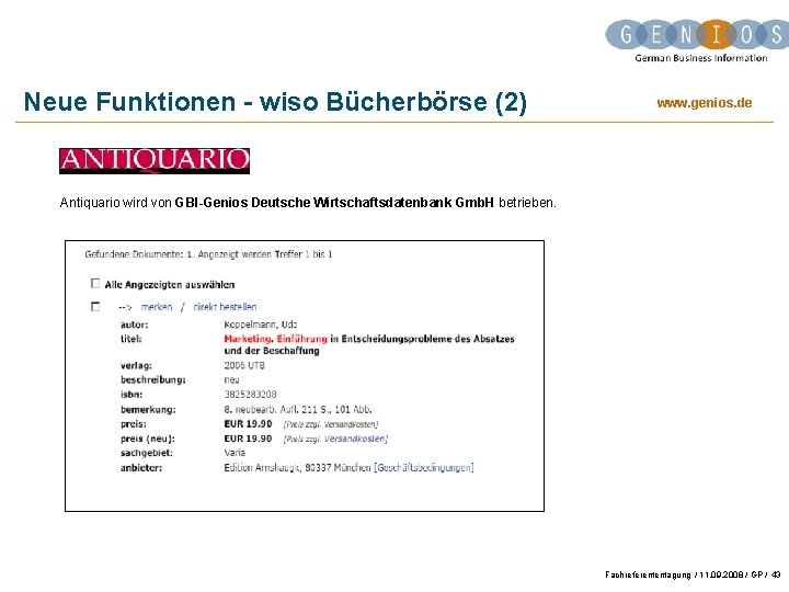 Neue Funktionen - wiso Bücherbörse (2) www. genios. de Antiquario wird von GBI-Genios Deutsche