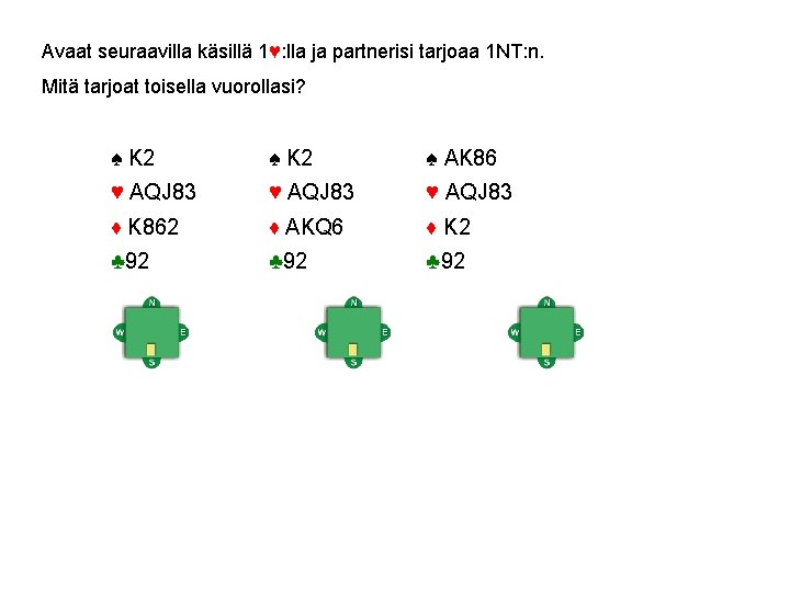 Avaat seuraavilla käsillä 1♥: lla ja partnerisi tarjoaa 1 NT: n. Mitä tarjoat toisella