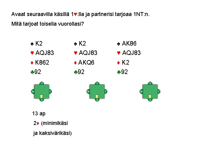 Avaat seuraavilla käsillä 1♥: lla ja partnerisi tarjoaa 1 NT: n. Mitä tarjoat toisella