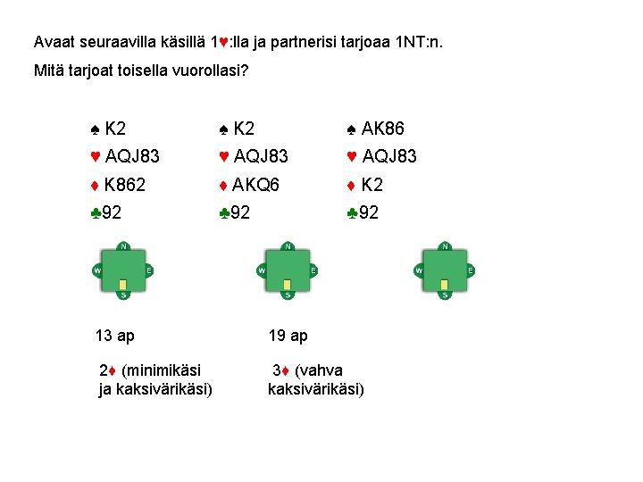 Avaat seuraavilla käsillä 1♥: lla ja partnerisi tarjoaa 1 NT: n. Mitä tarjoat toisella