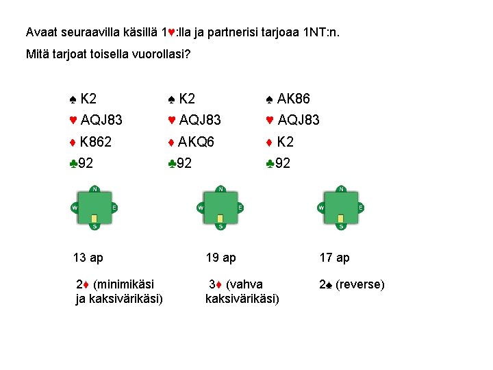 Avaat seuraavilla käsillä 1♥: lla ja partnerisi tarjoaa 1 NT: n. Mitä tarjoat toisella