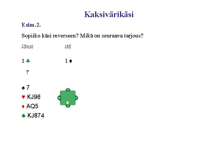 Kaksivärikäsi Esim. 2. Sopiiko käsi reverseen? Mikä on seuraava tarjous? länsi itä 1 1♠