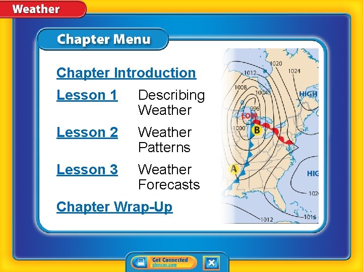 Chapter Introduction Lesson 1 Describing Weather Lesson 2 Weather Patterns Lesson 3 Weather Forecasts