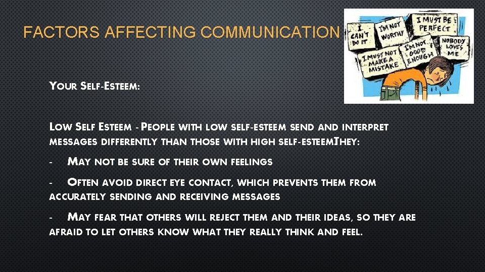 FACTORS AFFECTING COMMUNICATION YOUR SELF-ESTEEM: LOW SELF ESTEEM - PEOPLE WITH LOW SELF-ESTEEM SEND