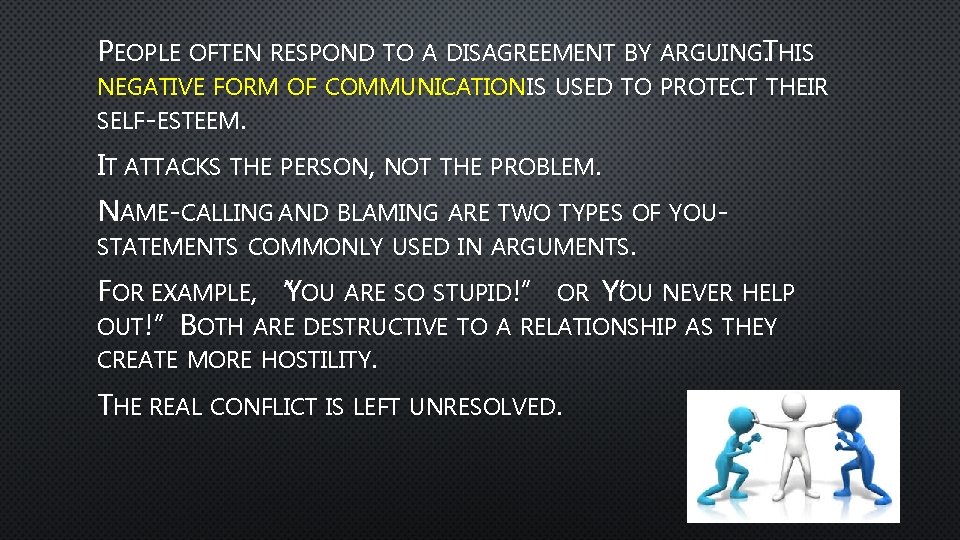 PEOPLE OFTEN RESPOND TO A DISAGREEMENT BY ARGUINGT. HIS NEGATIVE FORM OF COMMUNICATION IS
