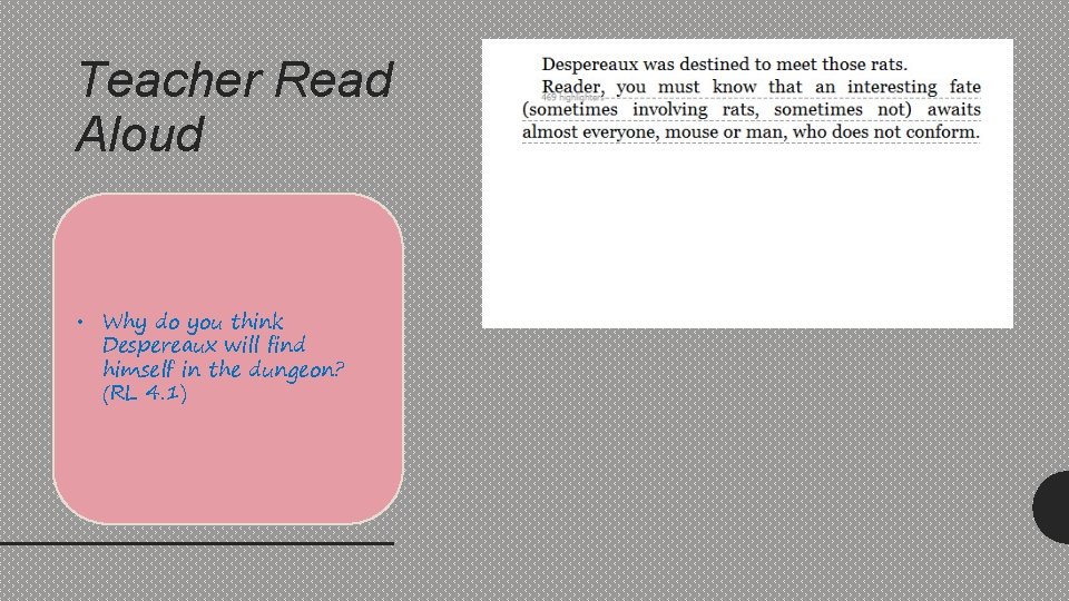 Teacher Read Aloud • Why do you think Despereaux will find himself in the