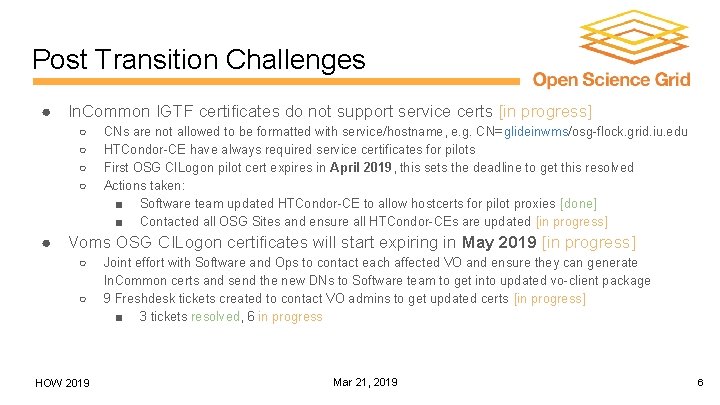 Post Transition Challenges ● In. Common IGTF certificates do not support service certs [in