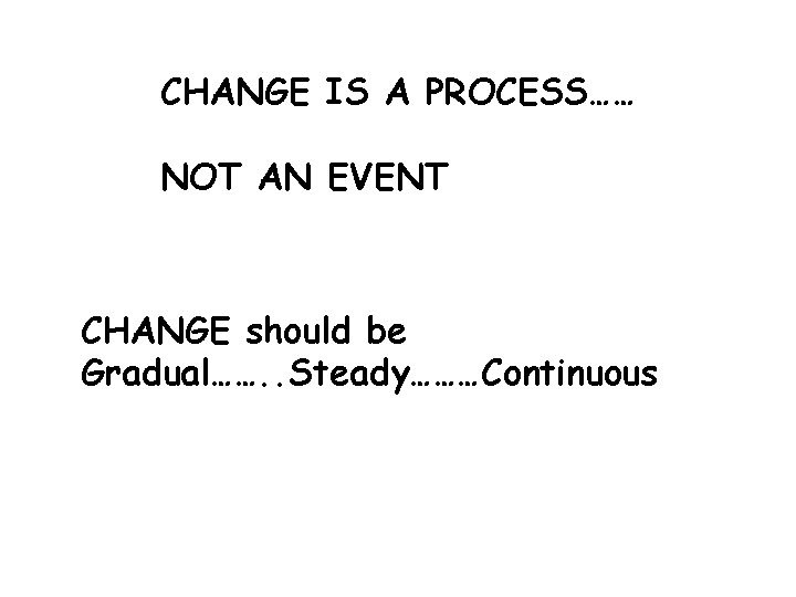 CHANGE IS A PROCESS…… NOT AN EVENT CHANGE should be Gradual……. . Steady………Continuous 