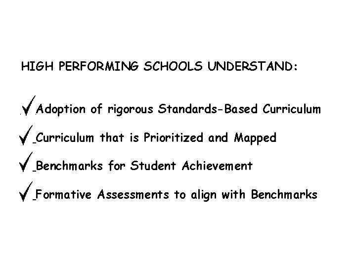 HIGH PERFORMING SCHOOLS UNDERSTAND: __Adoption of rigorous Standards-Based Curriculum __Curriculum that is Prioritized and