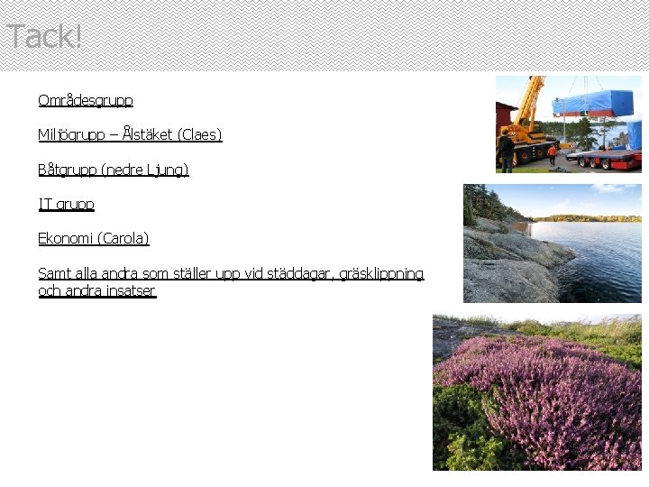 Tack! Områdesgrupp Miljögrupp – Ålstäket (Claes) Båtgrupp (nedre Ljung) IT grupp Ekonomi (Carola) Samt