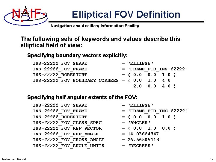 N IF Elliptical FOV Definition Navigation and Ancillary Information Facility The following sets of