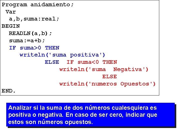 Program anidamiento; Var a, b, suma: real; BEGIN READLN(a, b); suma: =a+b; IF suma>0