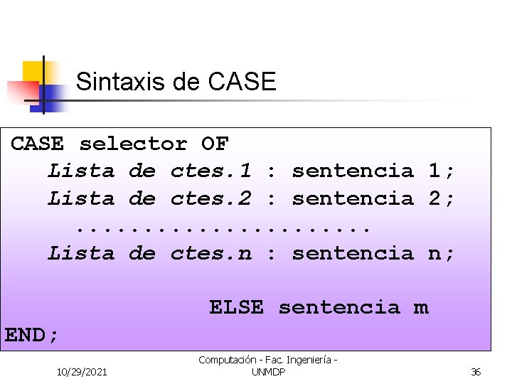 Sintaxis de CASE selector OF Lista de ctes. 1 : sentencia 1; Lista de