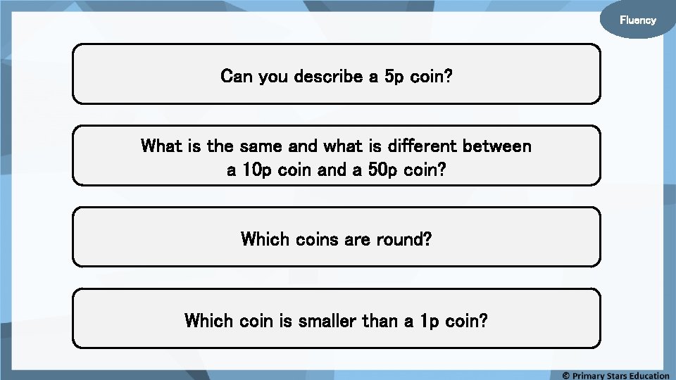 Fluency Can you describe a 5 p coin? What is the same and what