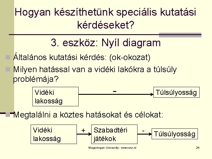 Hogyan készíthetünk speciális kutatási kérdéseket? 3. eszköz: Nyíl diagram n Általános kutatási kérdés: (ok-okozat)