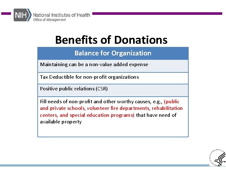 Benefits of Donations Balance for Organization Maintaining can be a non-value added expense Tax