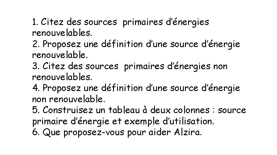 1. Citez des sources primaires d’énergies renouvelables. 2. Proposez une définition d’une source d’énergie