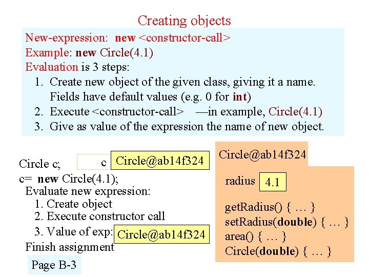 Creating objects New-expression: new <constructor-call> Example: new Circle(4. 1) Evaluation is 3 steps: 1.