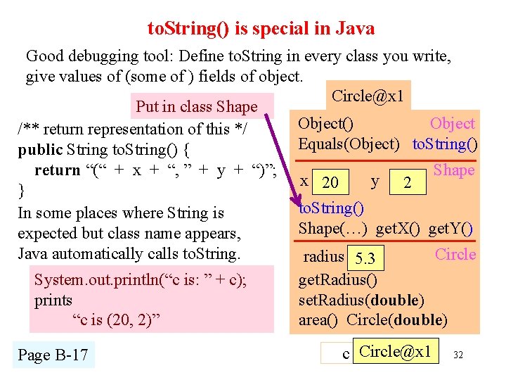to. String() is special in Java Good debugging tool: Define to. String in every