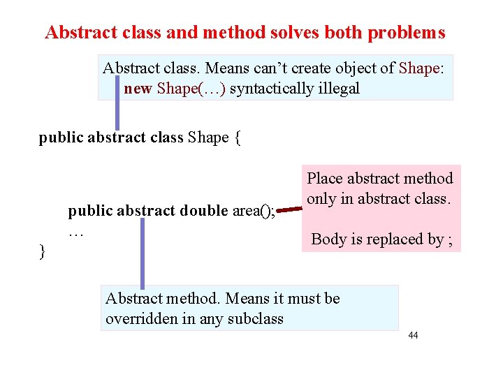 Abstract class and method solves both problems Abstract class. Means can’t create object of