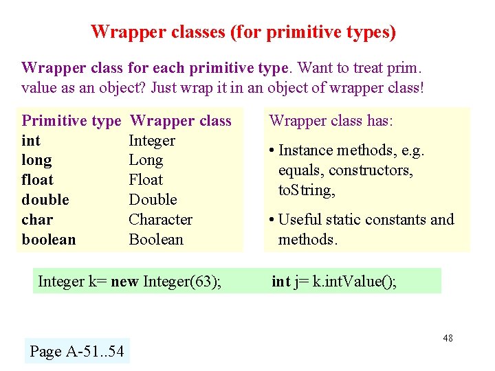 Wrapper classes (for primitive types) Wrapper class for each primitive type. Want to treat
