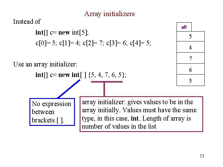 Array initializers Instead of int[] c= new int[5]; c[0]= 5; c[1]= 4; c[2]= 7;